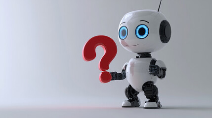Poster - Robot holding a red question mark in a minimalistic setting with bright lighting