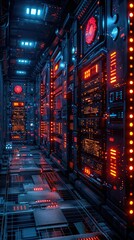 Poster - Futuristic server room with glowing panels and intricate details.