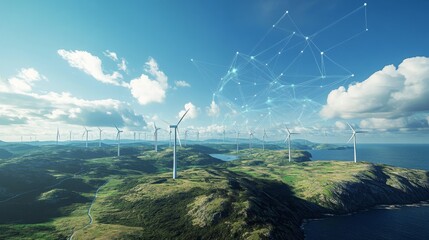 Leinwandbilder - A vibrant landscape featuring numerous wind turbines set on rolling hills under a bright blue sky.