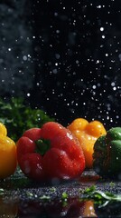 Canvas Print - Fresh colorful bell peppers with water drops on dark background.