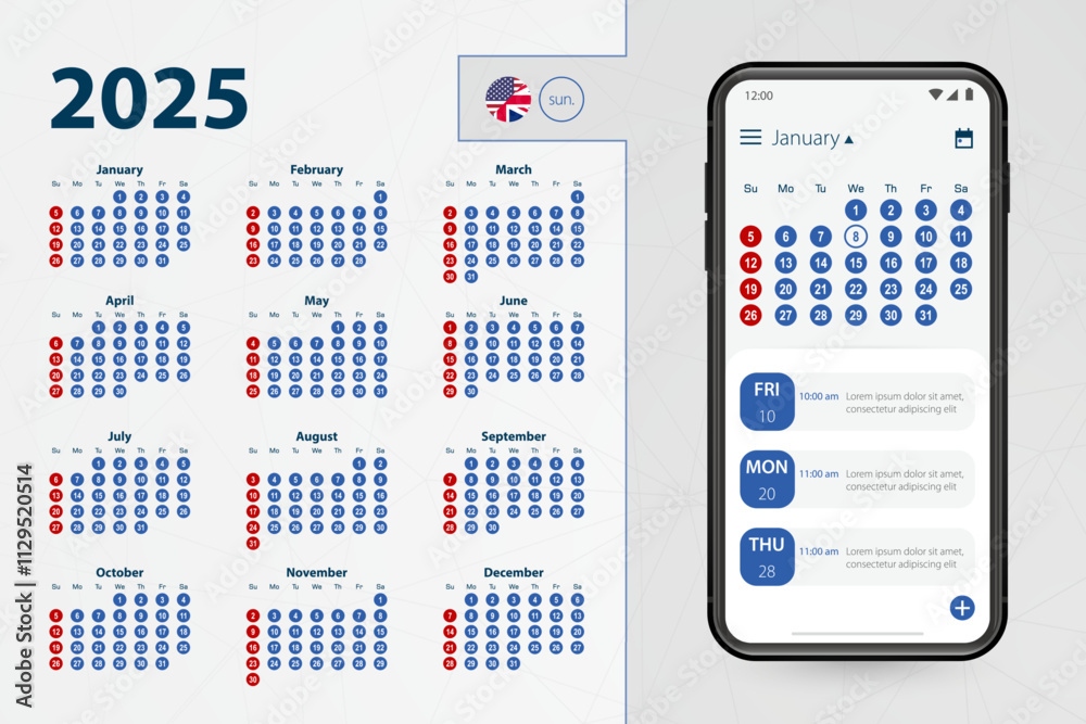 Calendar application for Smartphone Vector calendar 2025 week starts Calendar application for Smartphone Vector calendar 2025 week starts