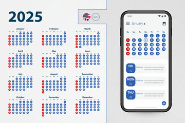 Calendar application for Smartphone. Vector calendar 2025 week starts from Sunday, English language.