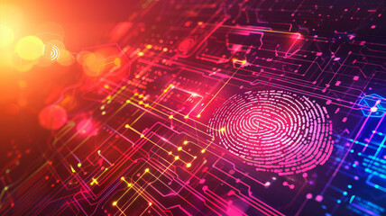 concept protect personal data banner. ai security system with fingerprint on cyber technology neon b