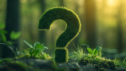 Aufkleber - Moss-covered question mark stands in a sunlit forest setting, surrounded by lush greenery and soft light