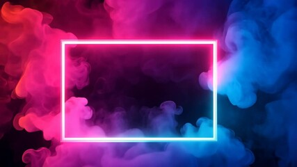 Poster - Neon frame surrounded by colorful smoke, vibrant abstract background. Futuristic art and design concept