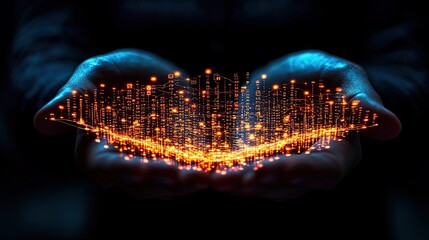 Poster - hands holding glowing digital data visualization at night showcasing advanced technology concepts