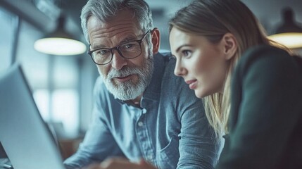Poster - Business experts engage in a focused discussion, analyzing data on a laptop. The contemporary office reflects innovation and teamwork. Ideas flow as they work towards a common goal