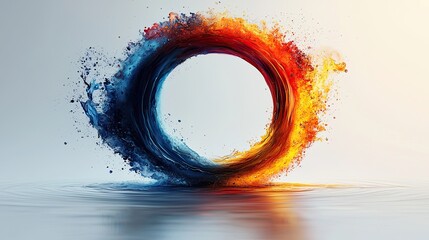 Poster - Colorful swirl of blue and orange liquid creating a striking circular formation in a calm water surface