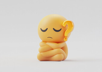 Poster - Thoughtful yellow figure with a question mark pondering a mystery or decision in a simple, minimalist setting