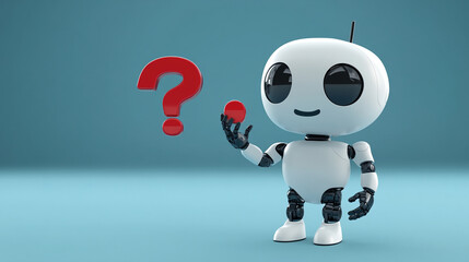 Poster - Robot holding a red ball and looking at a red question mark in a minimalist blue background