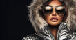© GS Edwards Studio - A fashionable woman in sunglasses and a silver winter coat on a black background, copy space