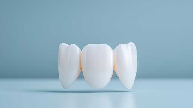 3d rendering of a set of three white teeth on a light blue background. the teeth are arranged in a triangular formation, with the largest tooth in the center and two smaller ones on either side.