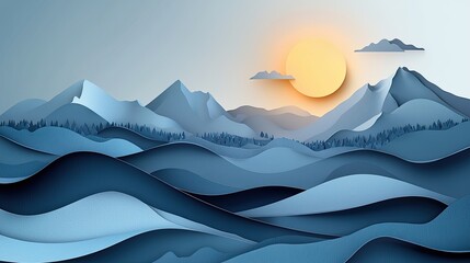 Poster - beautiful sunrise over layered mountains and waves in blue tones