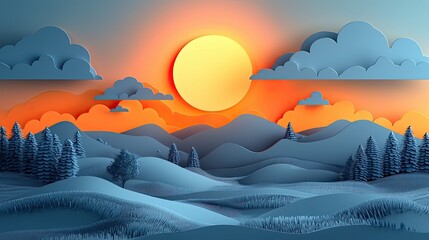 Poster - Vibrant sunset over rolling hills and clouds in a serene landscape with paper art style