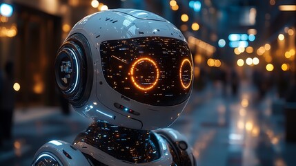 Poster - AI customer service bot in a modern urban setting showcasing engagement technology