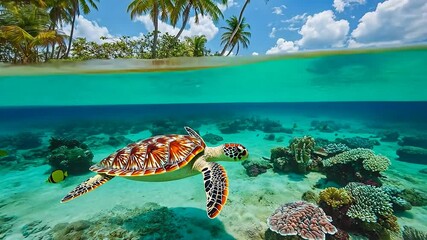 Wall Mural - tropical beach and coral reef turtle underwater