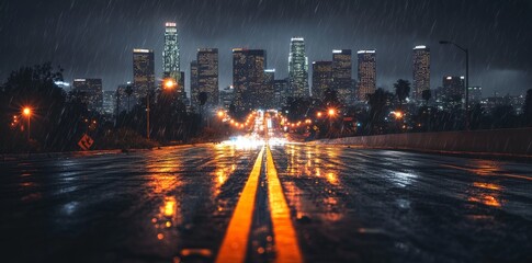 Wall Mural - A lively city avenue glows with the colorful light trails of moving cars, bordered by tall skyscrapers that define the urban skyline.