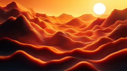 Poster - Vibrant sunset over rolling hills with textured landscape in warm tones and soft waves