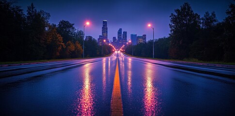 Wall Mural - A vibrant city road shines with the dynamic light trails of cars, surrounded by high-rise skyscrapers that accentuate the urban skyline.