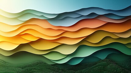 Poster - Colorful layers of abstract waves create a vibrant landscape with warm and cool tones during sunset
