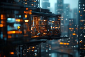 Poster - Futuristic cityscape with vibrant lights reflecting in modern architecture at dusk
