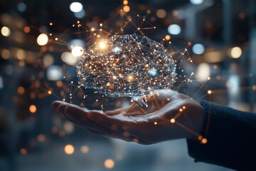 Poster - Conceptual representation of artificial intelligence in a human hand showcasing neural connections and data patterns