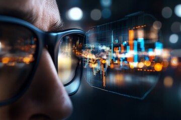 Poster - Close-up view of a person's eye wearing glasses with digital financial data projections in a modern, tech-driven environment