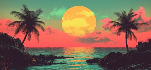 Wall Mural - a beautiful sunset over the ocean with palm trees and a beach, featuring a colorful sky a tropical s