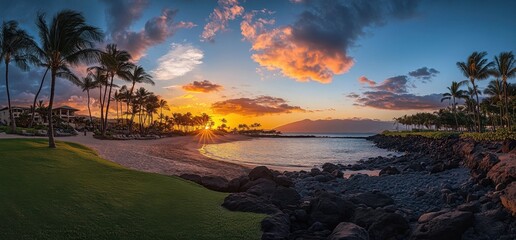 Wall Mural - a vibrant sunset over the palm trees on an exotic beach, creating a picturesque scene of nature's be