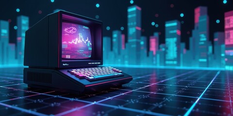 A retro computer with a neon data display, set against a futuristic digital landscape, symbolizing data analysis and technology's evolution.