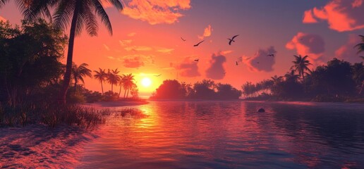 Wall Mural - a beautiful sunset over the palm trees on an exotic beach, with vibrant colors and a magical atmosph
