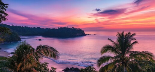Wall Mural - the colorful sunset over the palm trees on an exotic beach created a stunning and romantic scene of 