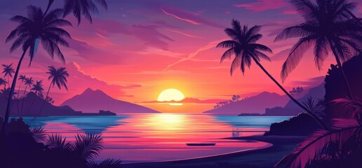 Wall Mural - a vibrant sunset over the palm trees on an exotic beach, creating a breathtaking scene of nature's b