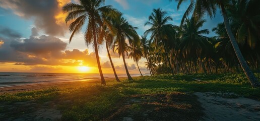 Wall Mural - colorful sunset with palm trees on a tropical beach background sunrise over the tropical meridian, w
