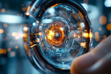 Poster - Futuristic lens with glowing technology elements captures a close-up view