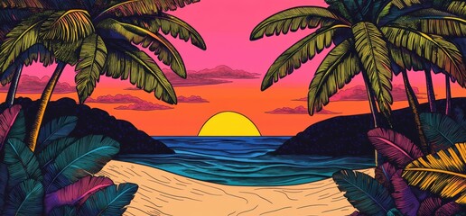 Wall Mural - colorful sunset with palm trees on a tropical beach background sunrise over the tropical meridian, w