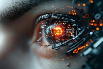Poster - Eye with futuristic cybernetic enhancements showcasing advanced technology and vibrant digital elements