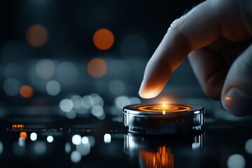 Poster - Fingertip activates glowing control dial in a modern tech setting at night