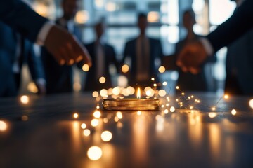 Poster - Corporate team collaborates around a table with glowing coins and lights in a modern office setting