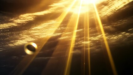 Poster - Glowing sunlight streaming through clouds with golden ring, ethereal atmosphere and celestial concept