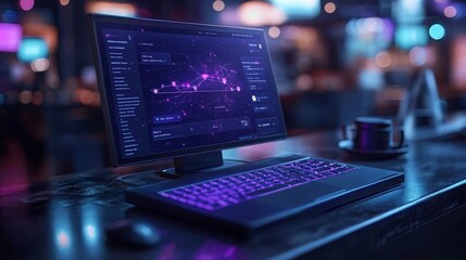 Poster - Digital payment platform displayed on a sleek computer setup in a vibrant cafe environment