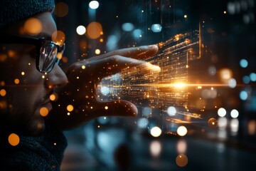 Poster - Person interacts with glowing digital elements in a futuristic urban setting during nighttime