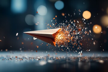 Poster - Flying paper airplane disintegrating in a burst of sparks and particles in a dimly lit environment