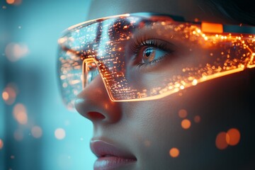 Poster - Close-up of a woman wearing illuminated virtual reality glasses with a futuristic city view reflected in the lenses