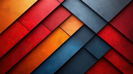 Poster - Colorful layered geometric design with red, orange, and blue tones creating a striking visual effect on a textured background