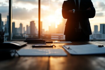 Poster - business professional stands confidently at sunset overlooking city skyline from office