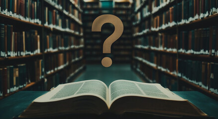 Poster - Open book on a table in a library with shelves of books and a question mark hovering above