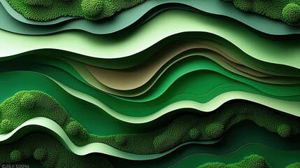 Poster - Abstract green landscape with layered textures and organic shapes in harmonious flow