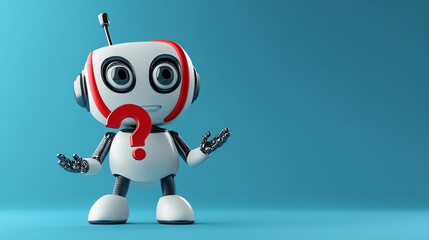 Poster - Robot with a question mark expression poses against a blue background in a playful and engaging manner
