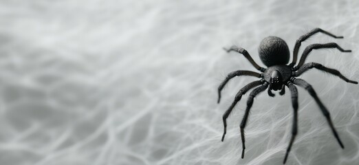 Poster - Black spider on web background, detailed close-up, intricate textures, monochrome tones, copy space for text